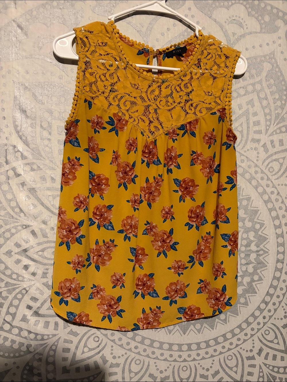 Mine Mustard Yellow Floral Lace Pom Pom Sleeveless Babydoll Top Small⁠